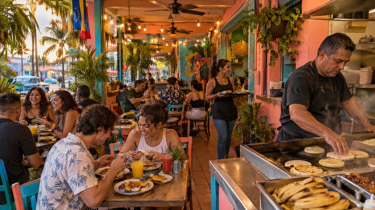 A cook presses dough on a griddle in an open kitchen while diners eat at colorful tables.