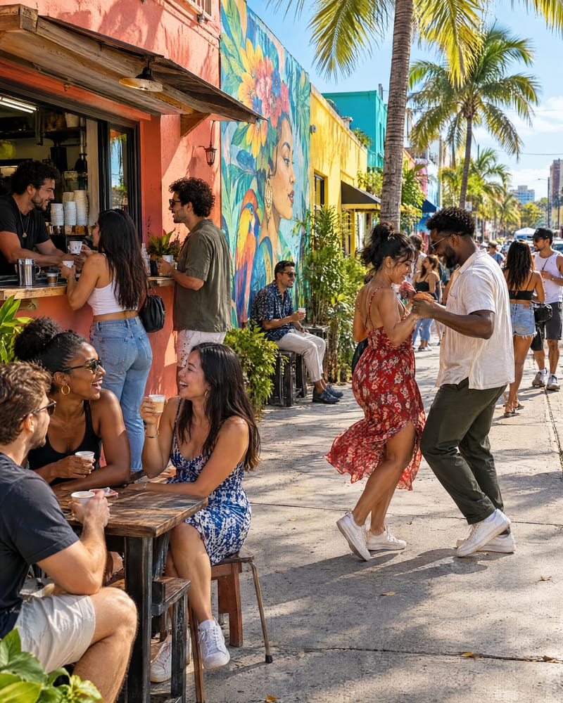 Friends sit at sidewalk tables and a couple dances on a sunny palm-lined street of small cafes and murals.