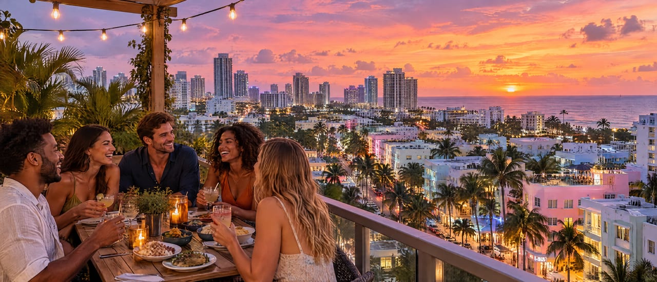 Friends share dinner at a rooftop table as the sun sets over a palm-filled city by the sea.