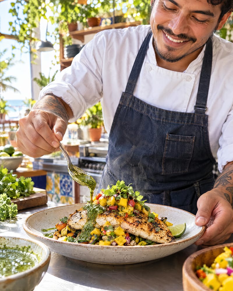 A smiling chef spoons sauce over a plate of grilled fish with corn salsa at a sunny kitchen counter.