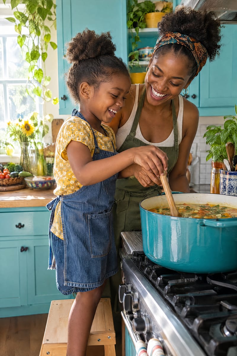 A woman and a young girl stir a pot of soup together on the stove in a bright teal kitchen.