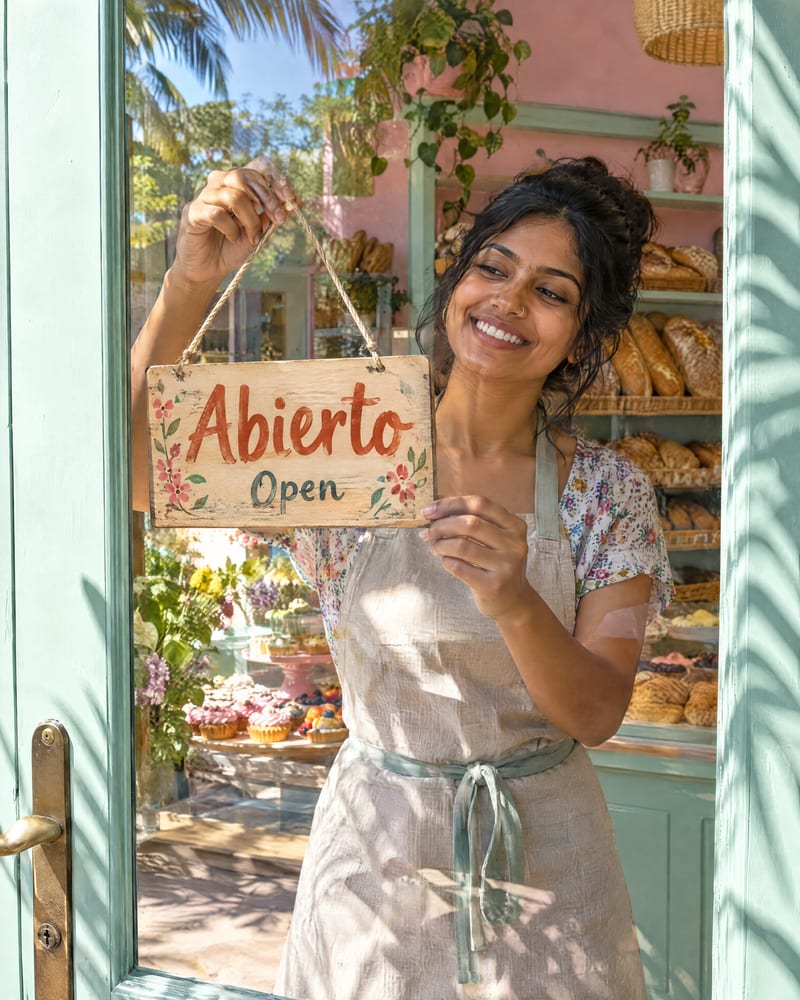 A smiling shop owner in an apron hangs an Abierto and Open sign on the glass door of her bakery.