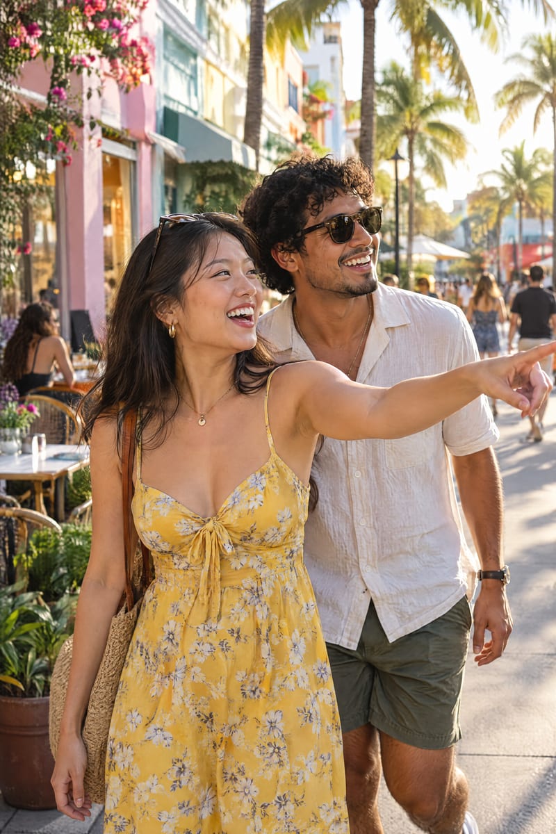 A woman in a yellow dress points down a sunny street while a man in sunglasses laughs beside her.