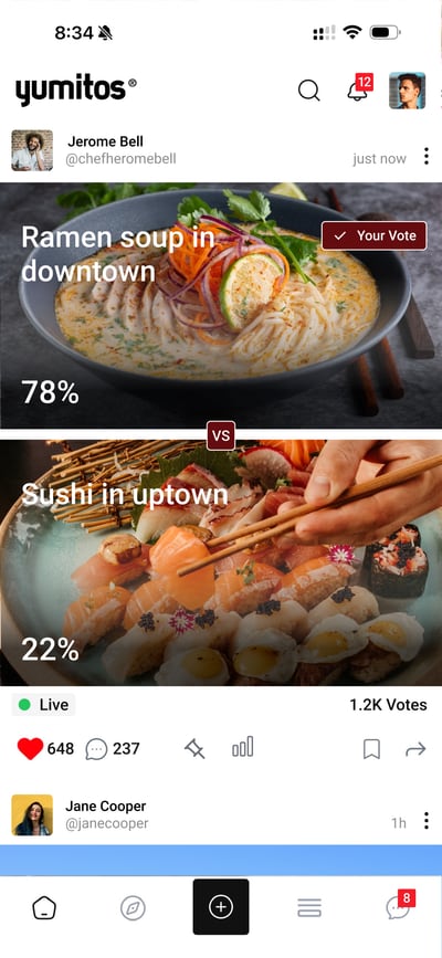 A Yumitos feed post asking which is better: ramen soup downtown at 78% or sushi uptown at 22%, with the viewer's vote marked