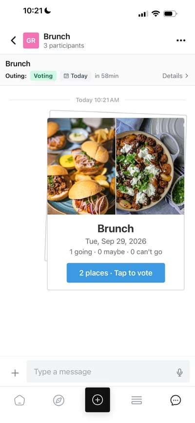 A Yumitos group chat voting on brunch places: an outing card with two places to vote on and the vote open now