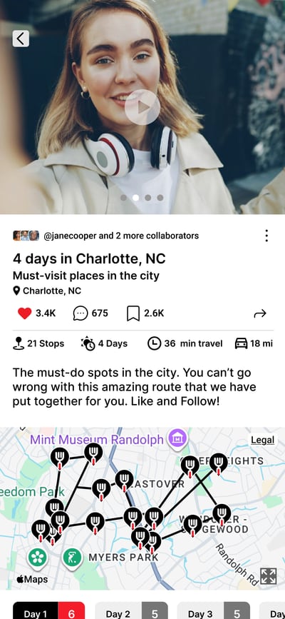 A Yumitos route, 4 days in Charlotte, with 21 stops on a map and a day-by-day picker below