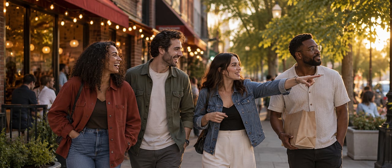 Four friends walk down a lit street of independent restaurants at sunset, laughing, one pointing ahead.