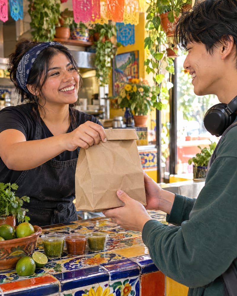 A smiling vendor hands a paper bag across a tiled counter to a customer at a food stall.