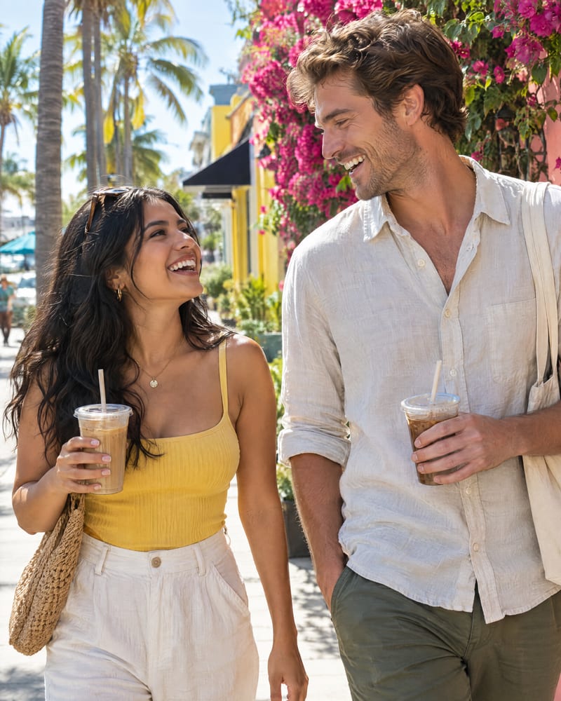 A young woman and a man laugh as they walk down a sunny street, each holding an iced coffee.