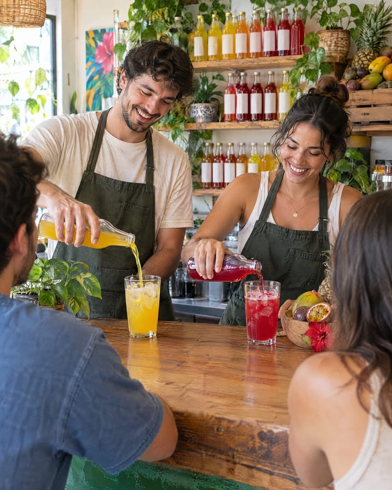 Two vendors in aprons pour orange and red juice into glasses at a wooden shop counter.