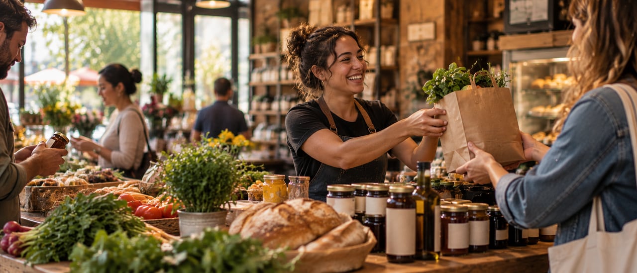 A shop owner smiles as she hands a customer a paper bag of greens across a counter of bread, jars and produce.