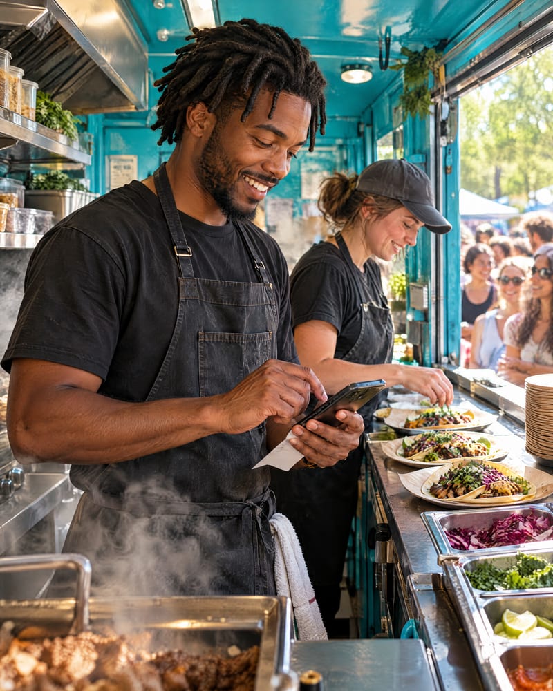 A smiling cook checks an order on his phone at a food truck while a coworker works beside him.