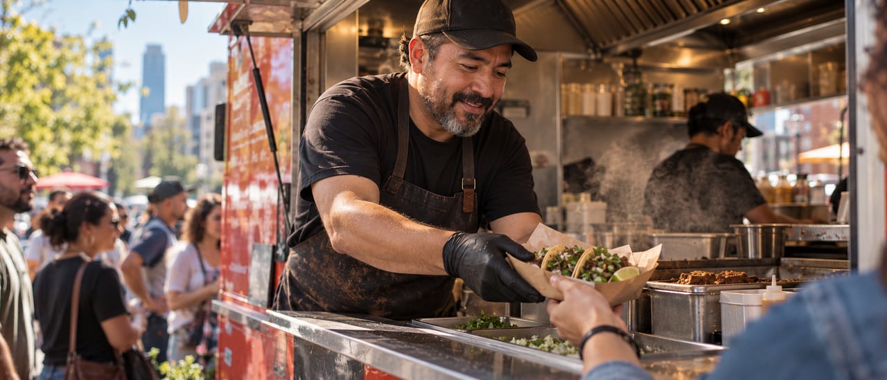A taco truck cook in an apron smiles as he hands a tray of tacos to a customer through the window.